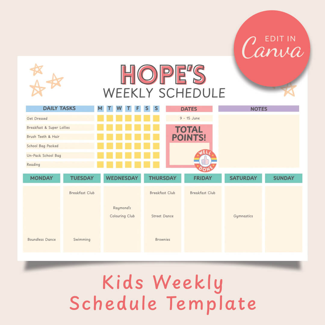 The Joyful Juggle Kids Weekly Schedule (Yellow)
