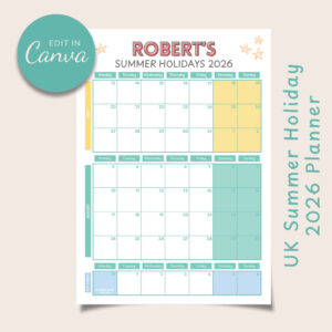 UK Summer Holiday Planner 2026 | Editable Canva Template, Family Calendar (Digital Download)