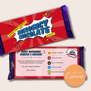 Super Teacher Emergency Chocolate Supply editable Canva wrapper