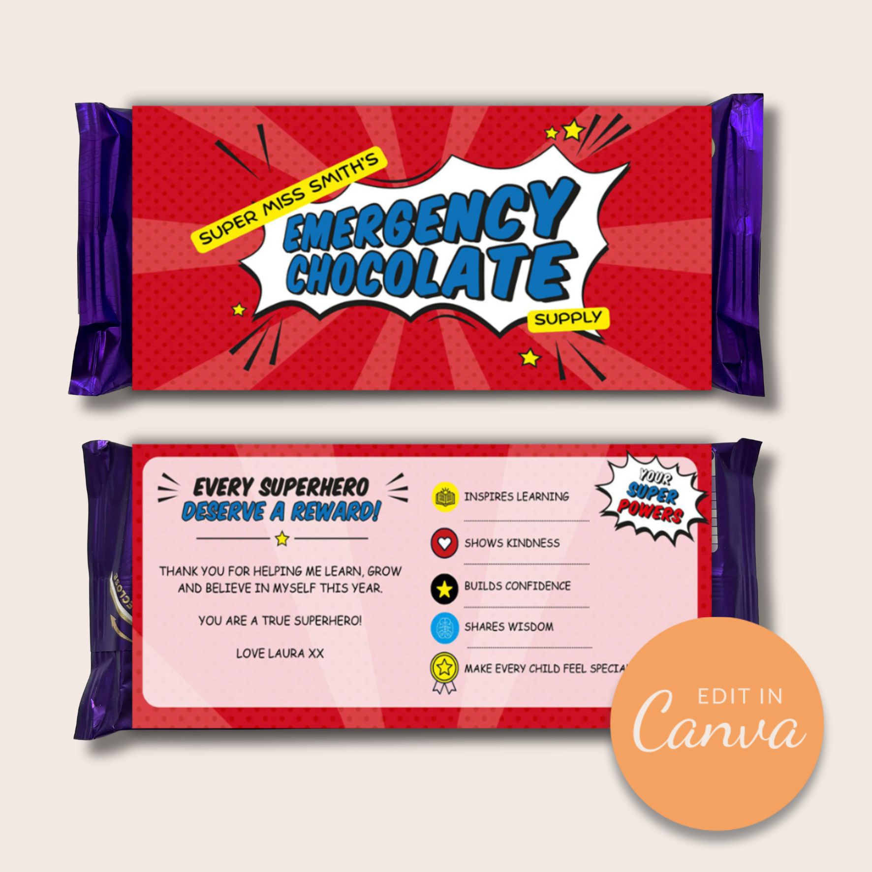Super Teacher Emergency Chocolate Supply editable Canva wrapper